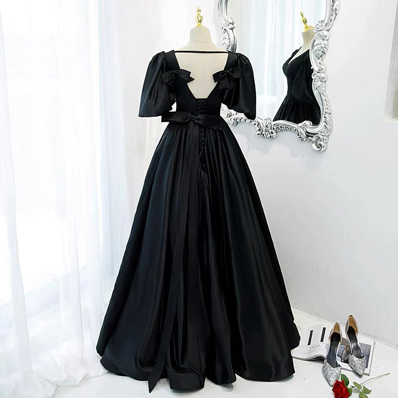 Elegant V-Neck Puffed Sleeve Black Floor-Length Prom Dress