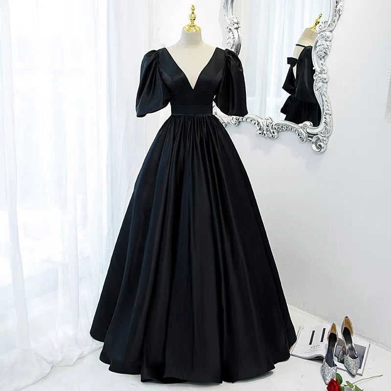 Elegant V-Neck Puffed Sleeve Black Floor-Length Prom Dress