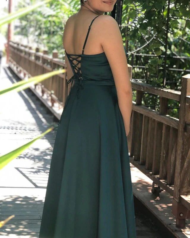 Emerald V Neck Satin Bridesmaid Dresses Prom Dresses With Split
