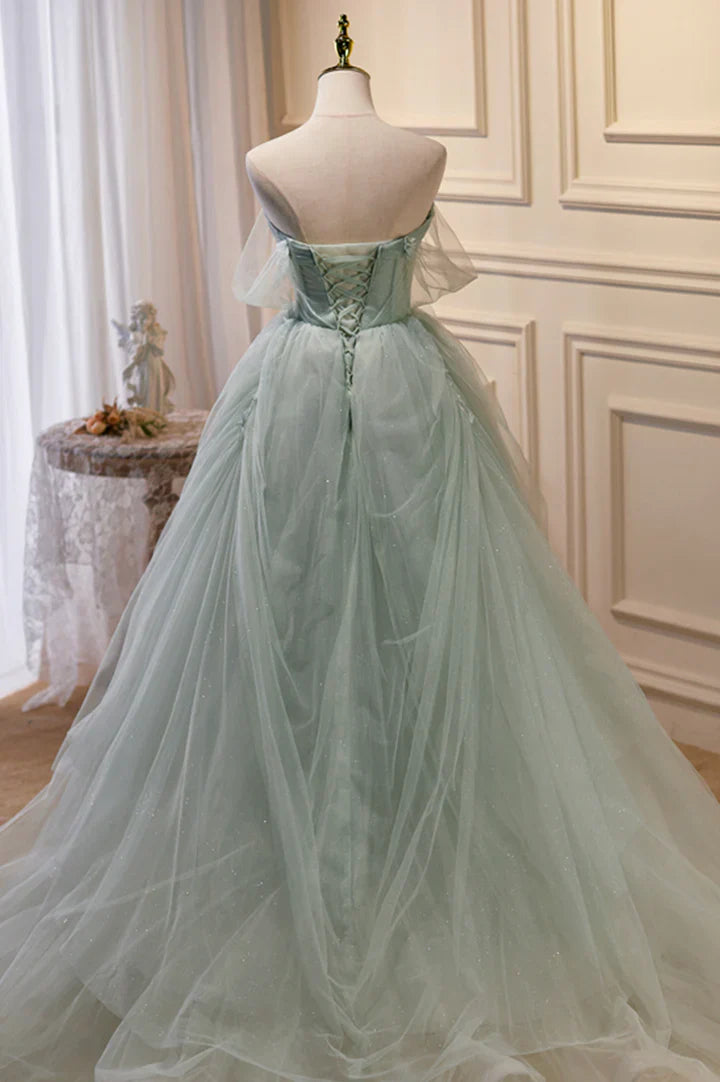 Enchanted Strapless Beaded Sage Green Tulle Long Party Dresses