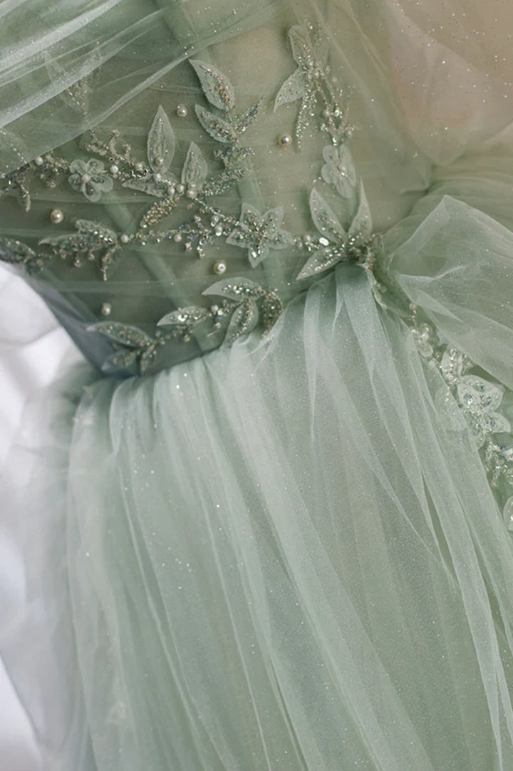 Enchanted Strapless Beaded Sage Green Tulle Long Party Dresses