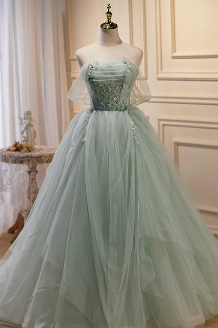 Enchanted Strapless Beaded Sage Green Tulle Long Party Dresses