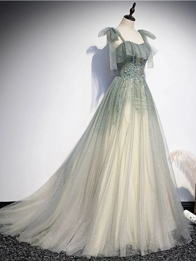 Enchanting A-Line Square Neck Ombre Sage Floor-Length Party Dress