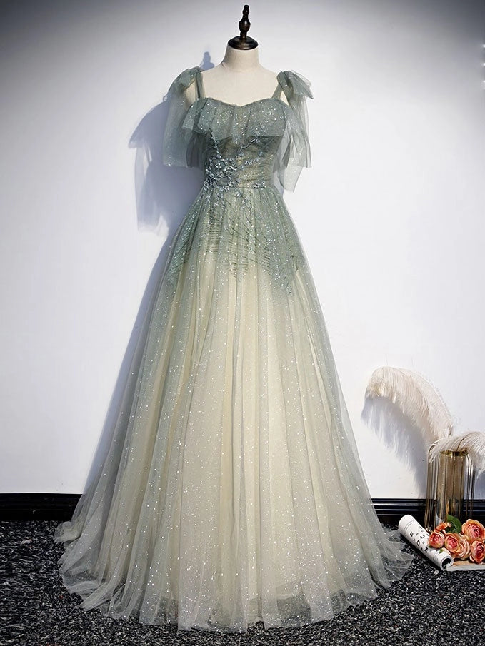 Enchanting A-Line Square Neck Ombre Sage Floor-Length Party Dress