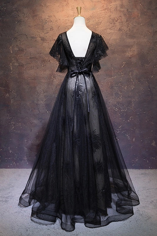Enchanting A-Line V-Neck Flutter Sleeve Black Floor-Length Prom Dress
