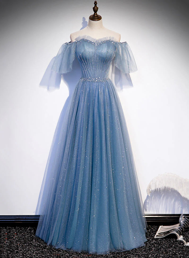 Enchanting Off-the-Shoulder Beaded Dusty Blue Floor-Length Prom Dress
