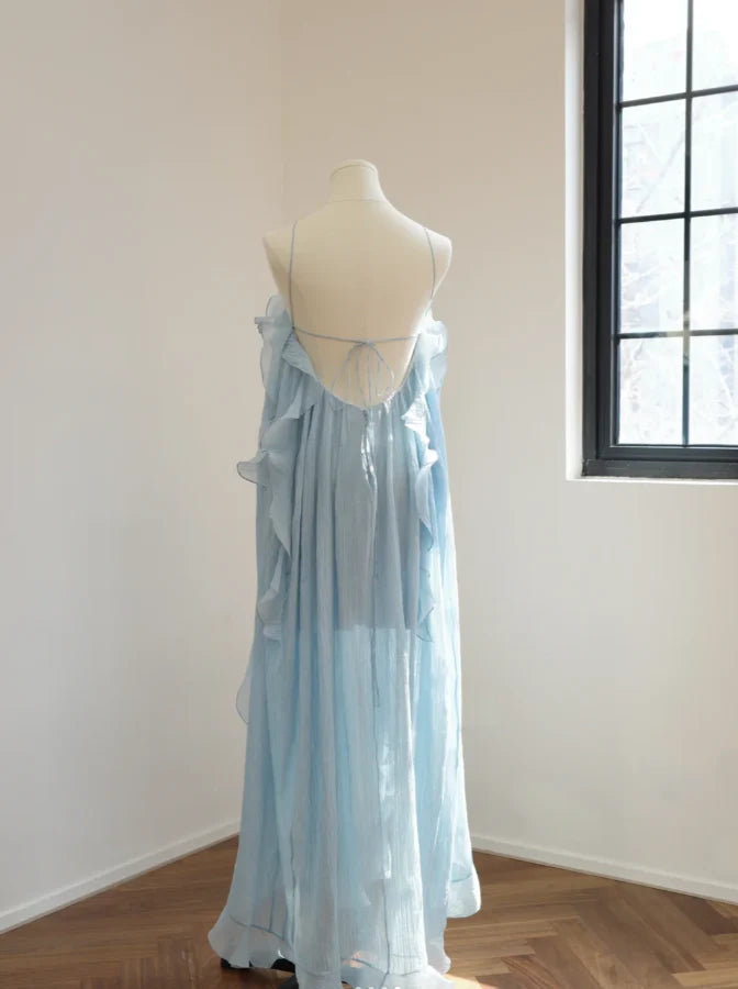 Ethereal A-Line Halter Floral-Embellished Dusty Blue Chiffon Party Dresses
