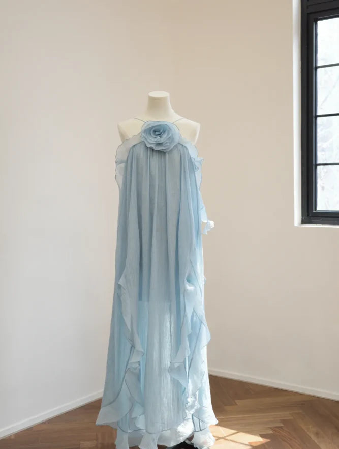 Ethereal A-Line Halter Floral-Embellished Dusty Blue Chiffon Party Dresses