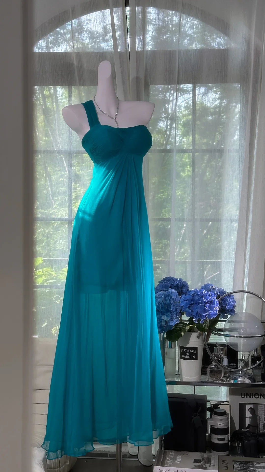 Ethereal A-Line One-Shoulder Ruched Turquoise Chiffon Long Party Dresses