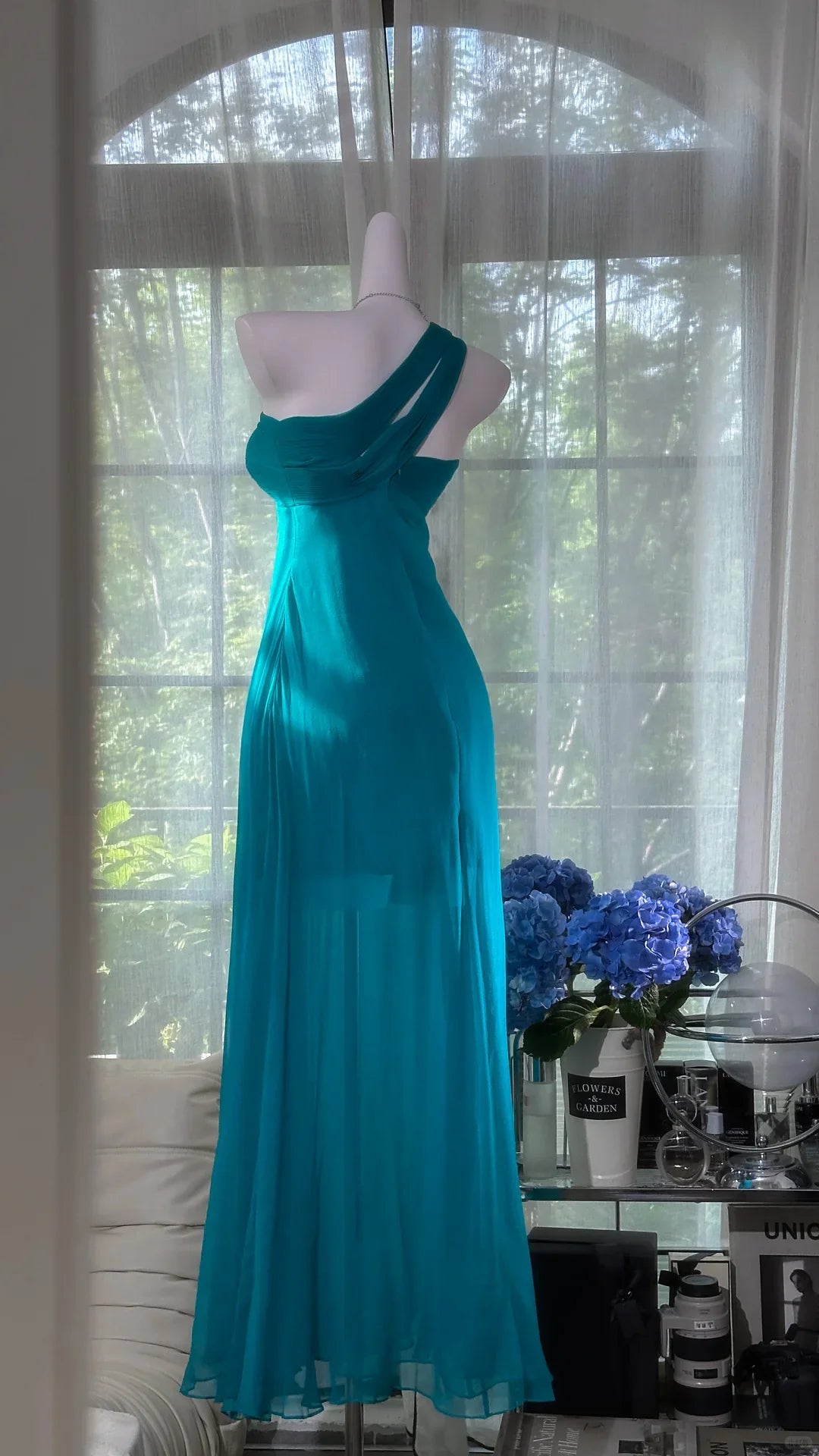 Ethereal A-Line One-Shoulder Ruched Turquoise Chiffon Long Party Dresses
