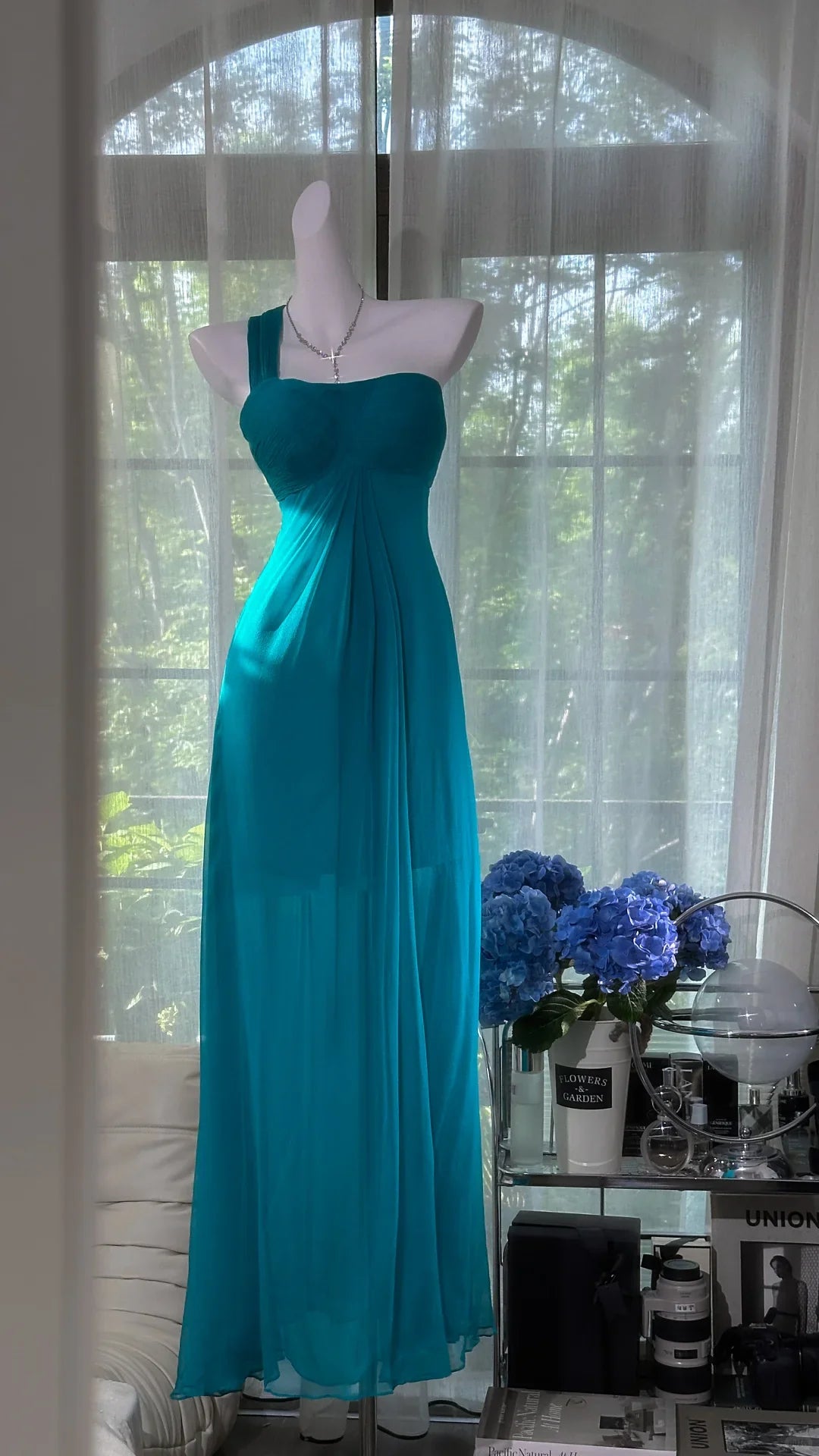Ethereal A-Line One-Shoulder Ruched Turquoise Chiffon Long Party Dresses