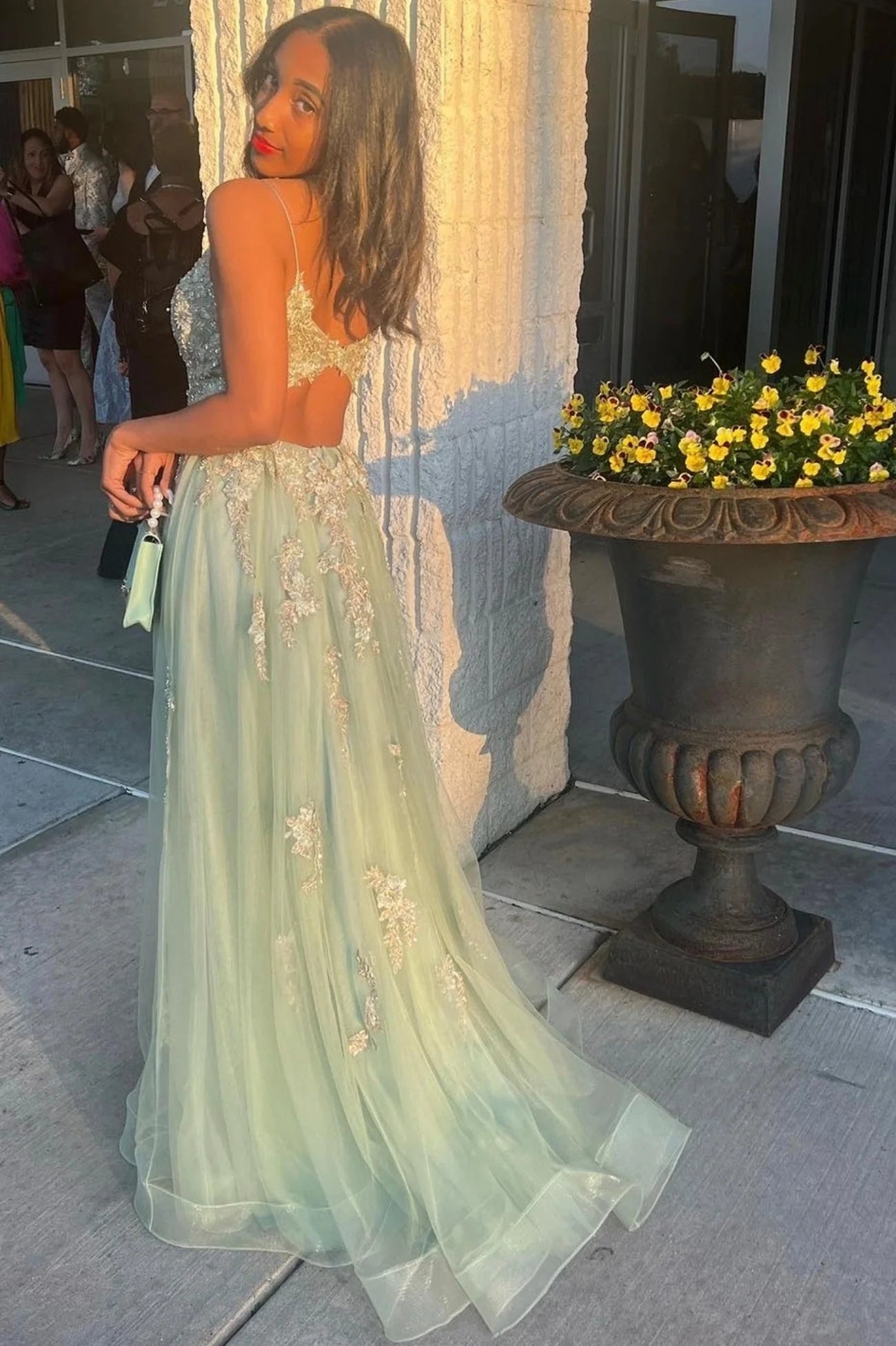 Ethereal A-Line Spaghetti Strap Lace Sage Green Floor-Length Party Dress