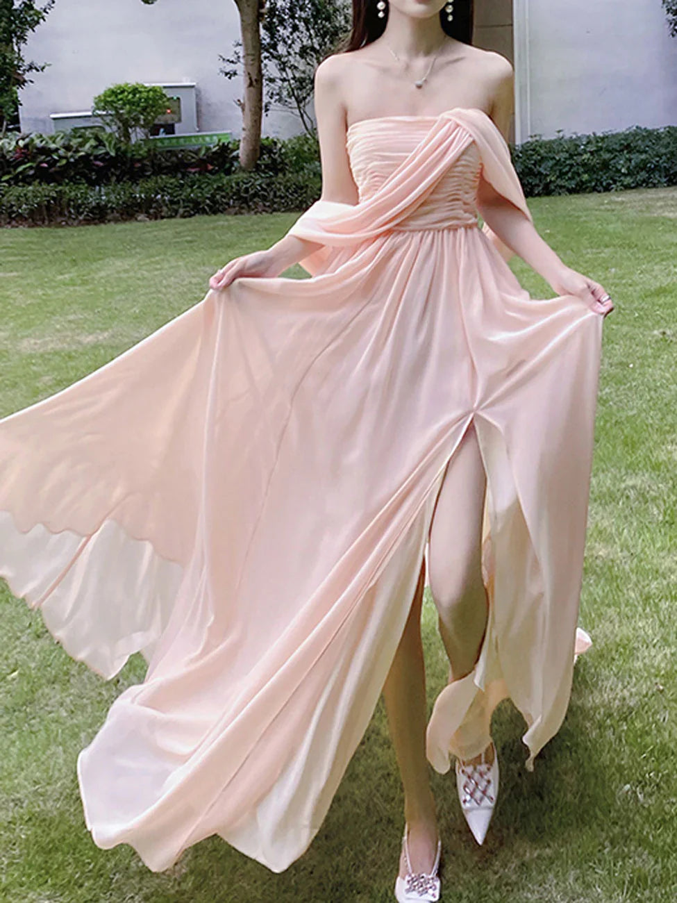 Ethereal A-Line Strapless Short-Sleeve Ruched Blush Pink Tulle Party Dresses