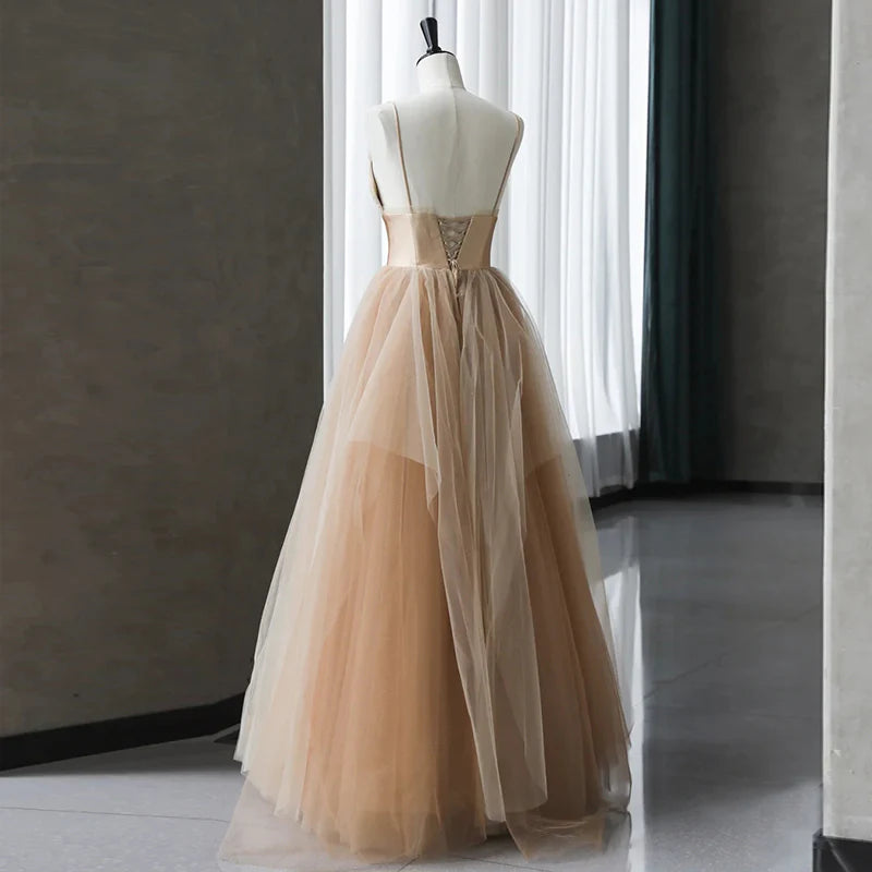 Ethereal A-Line Sweetheart-Neck Tiered Champagne Tulle Long Party Dresses