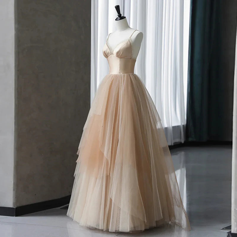 Ethereal A-Line Sweetheart-Neck Tiered Champagne Tulle Long Party Dresses