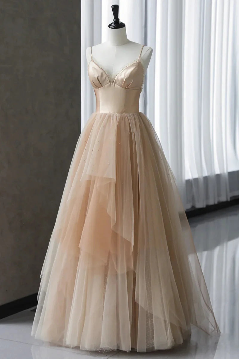 Ethereal A-Line Sweetheart-Neck Tiered Champagne Tulle Long Party Dresses