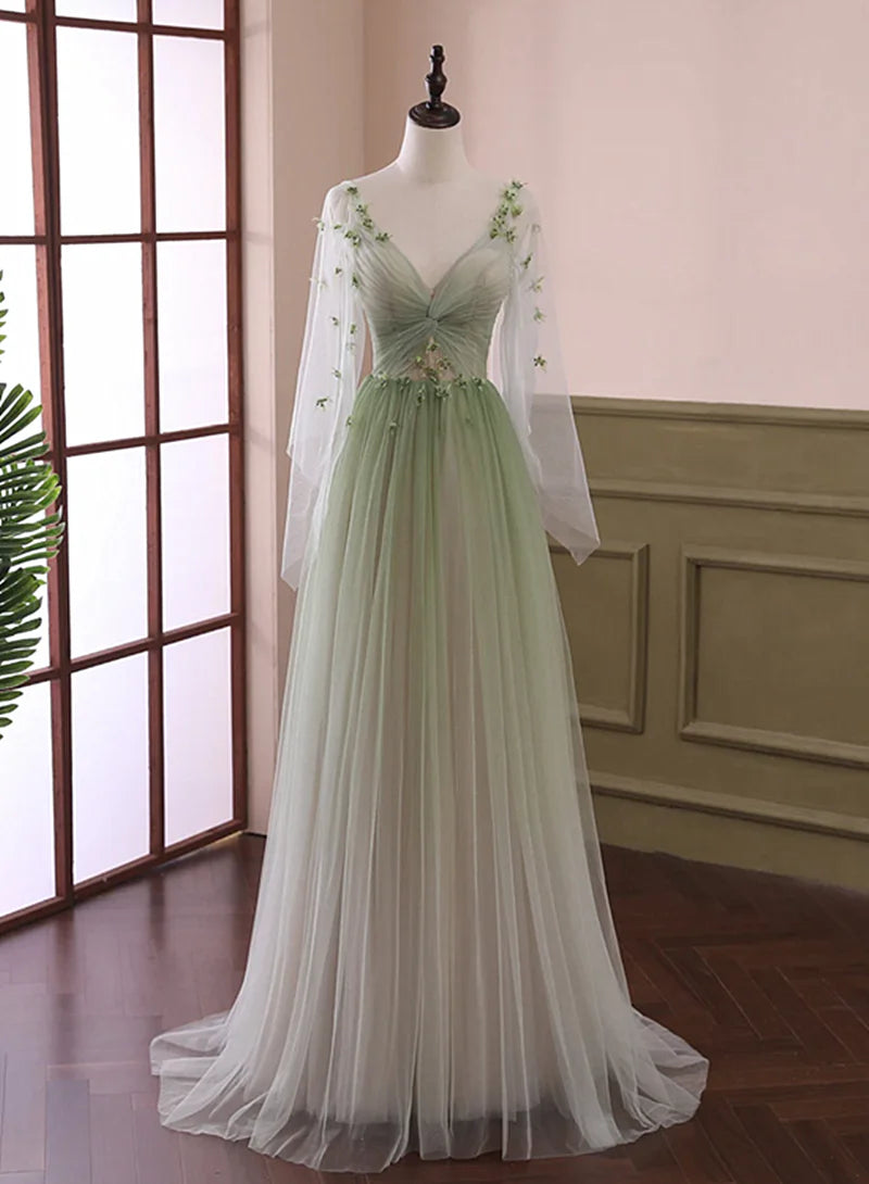 Ethereal A-Line V-Neck Long Sleeve Floral Sage Green Floor-Length Party Dress