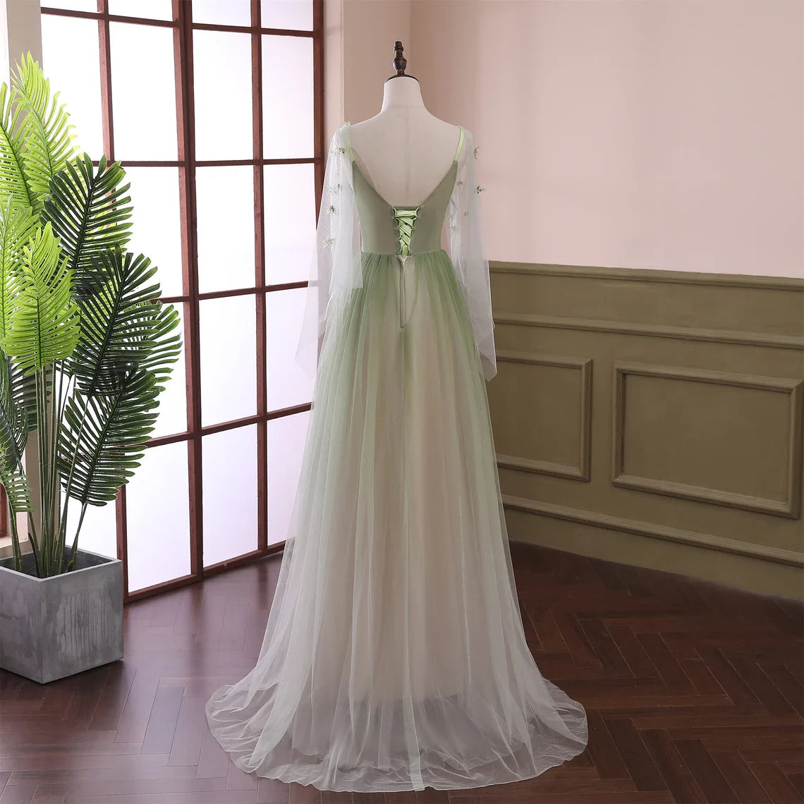 Ethereal A-Line V-Neck Long Sleeve Floral Sage Green Floor-Length Party Dress