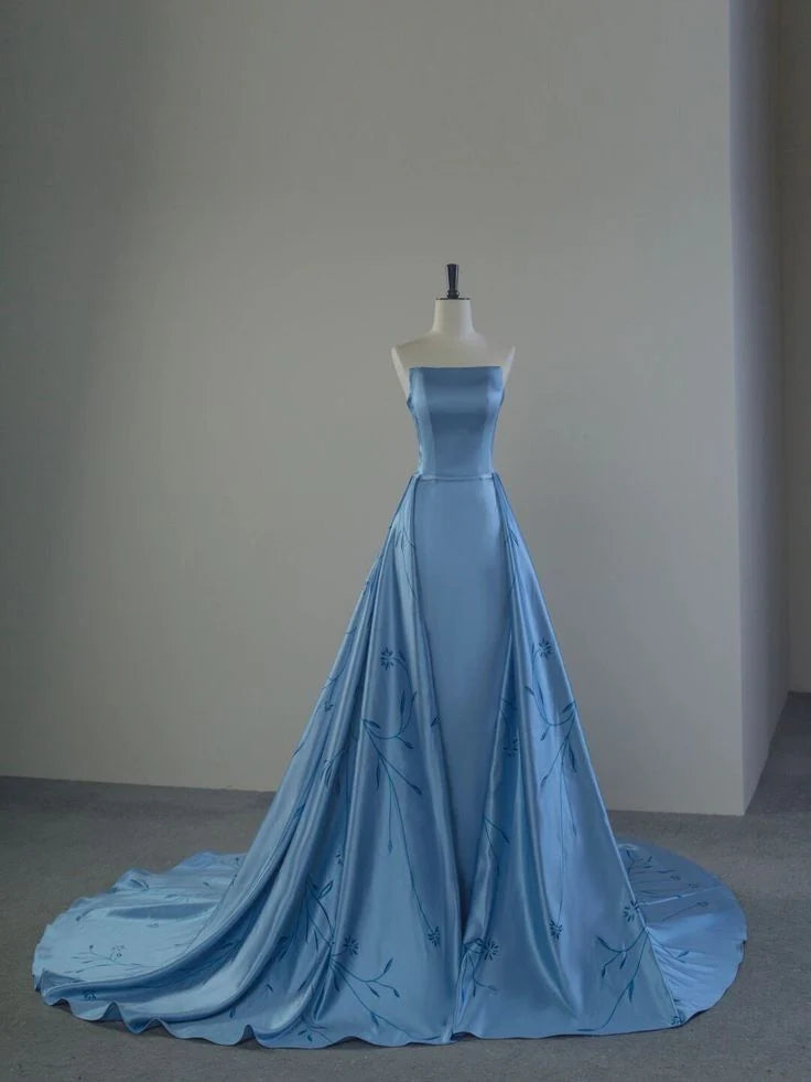 Ethereal Ball-Gown Strapless Floral-Print Sky Blue Satin Long Party Dresses