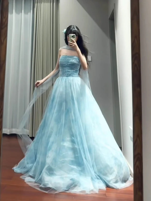 Ethereal Ballgown Strapless Glittered Sky Blue Tulle Party Dresses
