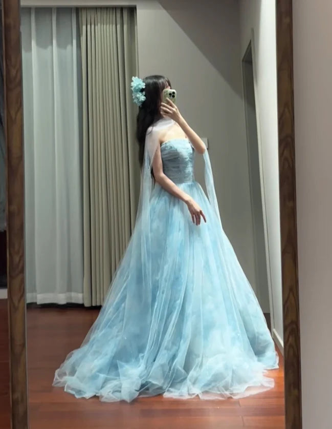 Ethereal Ballgown Strapless Glittered Sky Blue Tulle Party Dresses