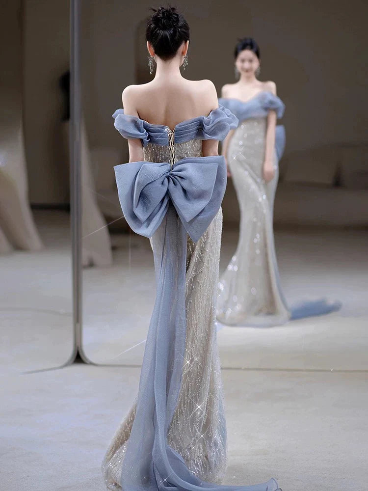 Ethereal Mermaid Bow-Detailed Dusty Blue Silver Sequin Long Party Dresses