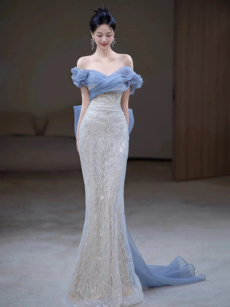 Ethereal Mermaid Bow-Detailed Dusty Blue Silver Sequin Long Party Dresses