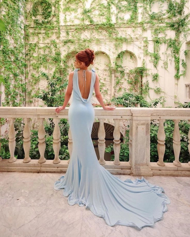Ethereal Mermaid Halter Sleeveless Ruched Sky-Blue Long Party Dresses
