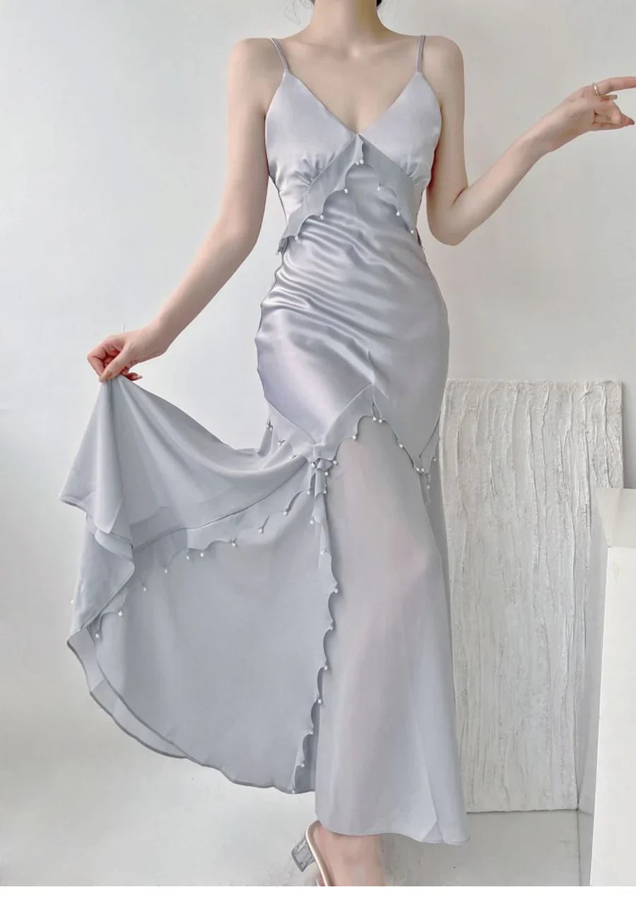 Ethereal Mermaid V-Neck Pearl-Trimmed Silver Satin Long Party Dresses