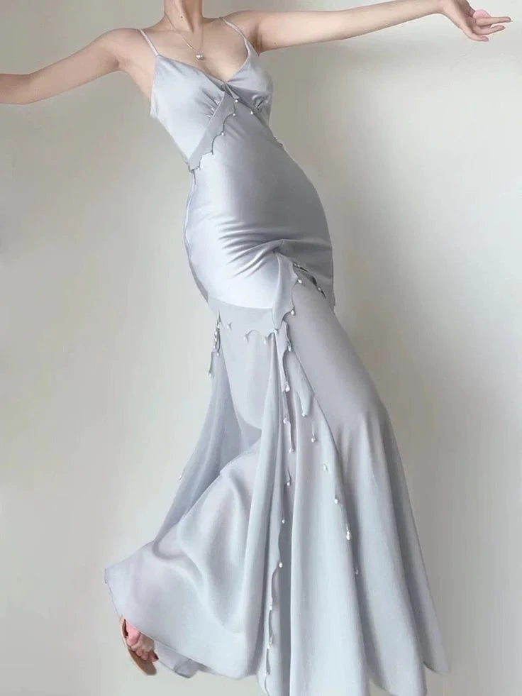 Ethereal Mermaid V-Neck Pearl-Trimmed Silver Satin Long Party Dresses