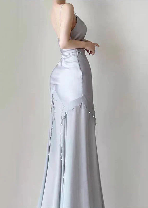Ethereal Mermaid V-Neck Pearl-Trimmed Silver Satin Long Party Dresses