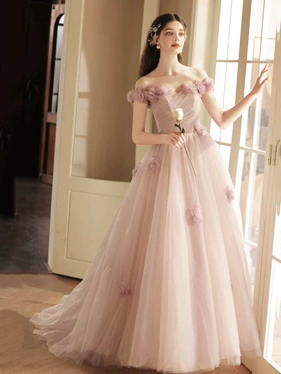Ethereal Off-the-Shoulder Floral-Embellished Blush Pink Tulle Party Dresses