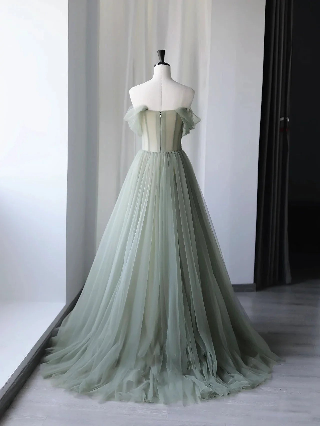 Ethereal Off-the-Shoulder Floral Sage Green Floor-Length Party Dress