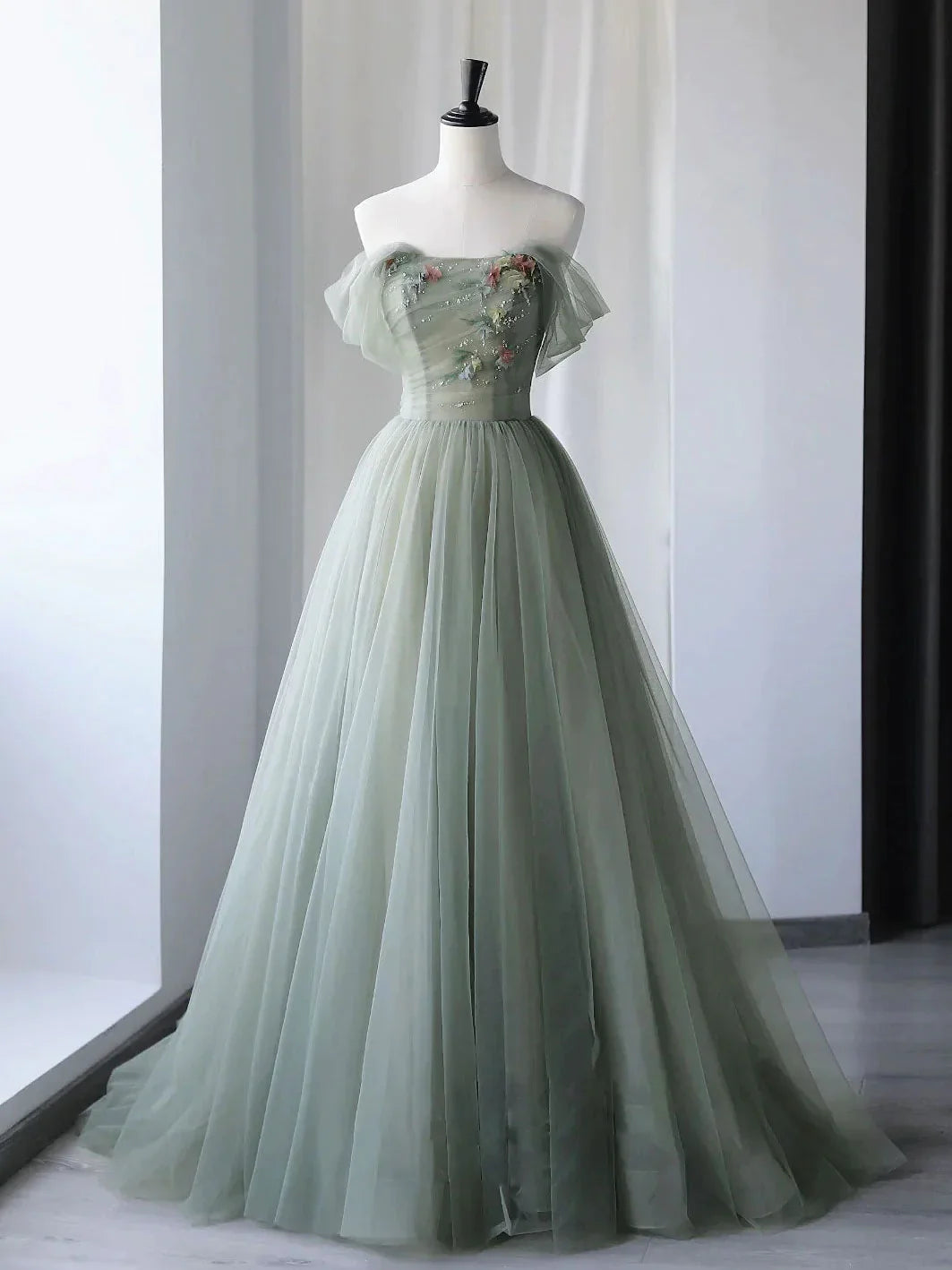 Ethereal Off-the-Shoulder Floral Sage Green Floor-Length Party Dress