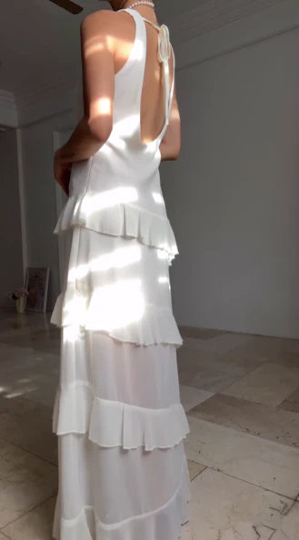 Ethereal Sheath Halter Sleeveless Ruffled White Floor-Length Prom Dress