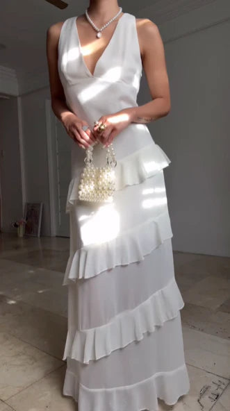 Ethereal Sheath Halter Sleeveless Ruffled White Floor-Length Prom Dress