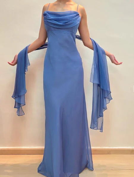 Ethereal Sheath Spaghetti Strap Draped Blue Floor-Length Prom Dress