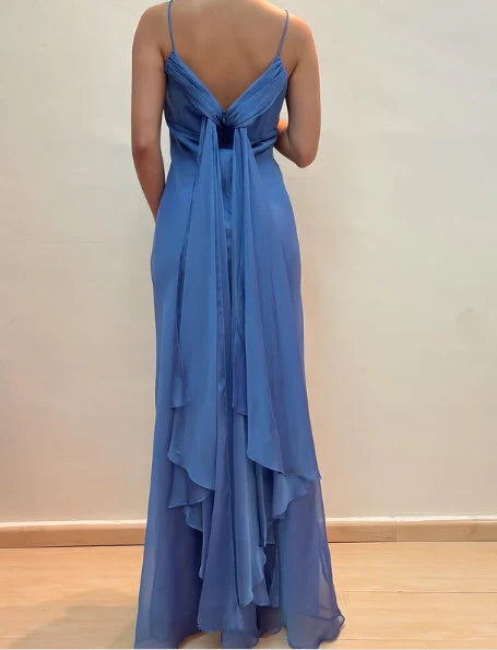 Ethereal Sheath Spaghetti Strap Draped Blue Floor-Length Prom Dress