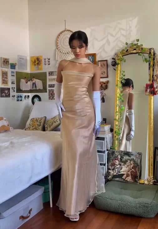 Ethereal Sheath Square-Neck Crisscross-Strap Champagne Tulle Party Dresses