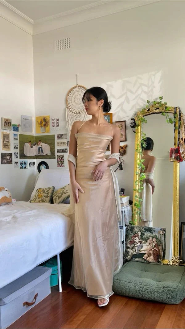 Ethereal Sheath Square-Neck Crisscross-Strap Champagne Tulle Party Dresses