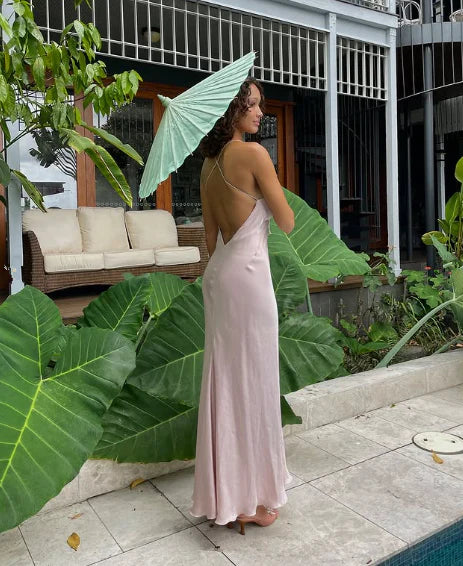 Ethereal Slip Spaghetti Strap Open-Back Blush Floor-Length Prom Dress