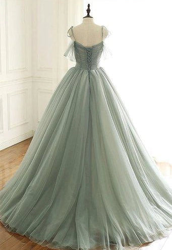 Ethereal Spaghetti Strap Sleeveless Tulle Dusty Green Floor-Length Evening Dress