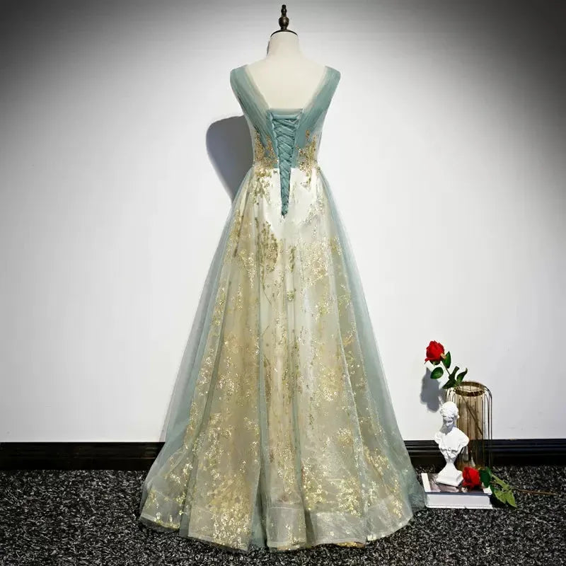 Exquisite Ball Gown V Neck Sleeveless Tulle Floor-Length Prom Dress