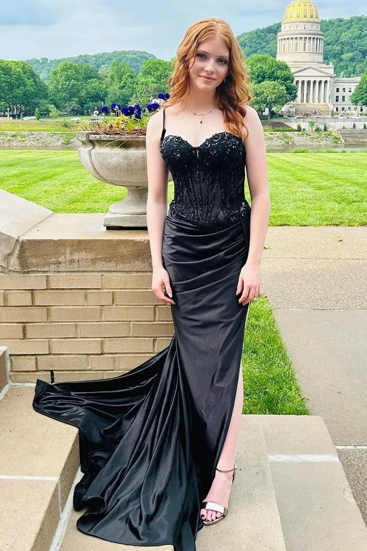 Exquisite Mermaid/Trumpet Spaghetti Straps Sleeveless Satin Sweep/Brush Train Prom Dress