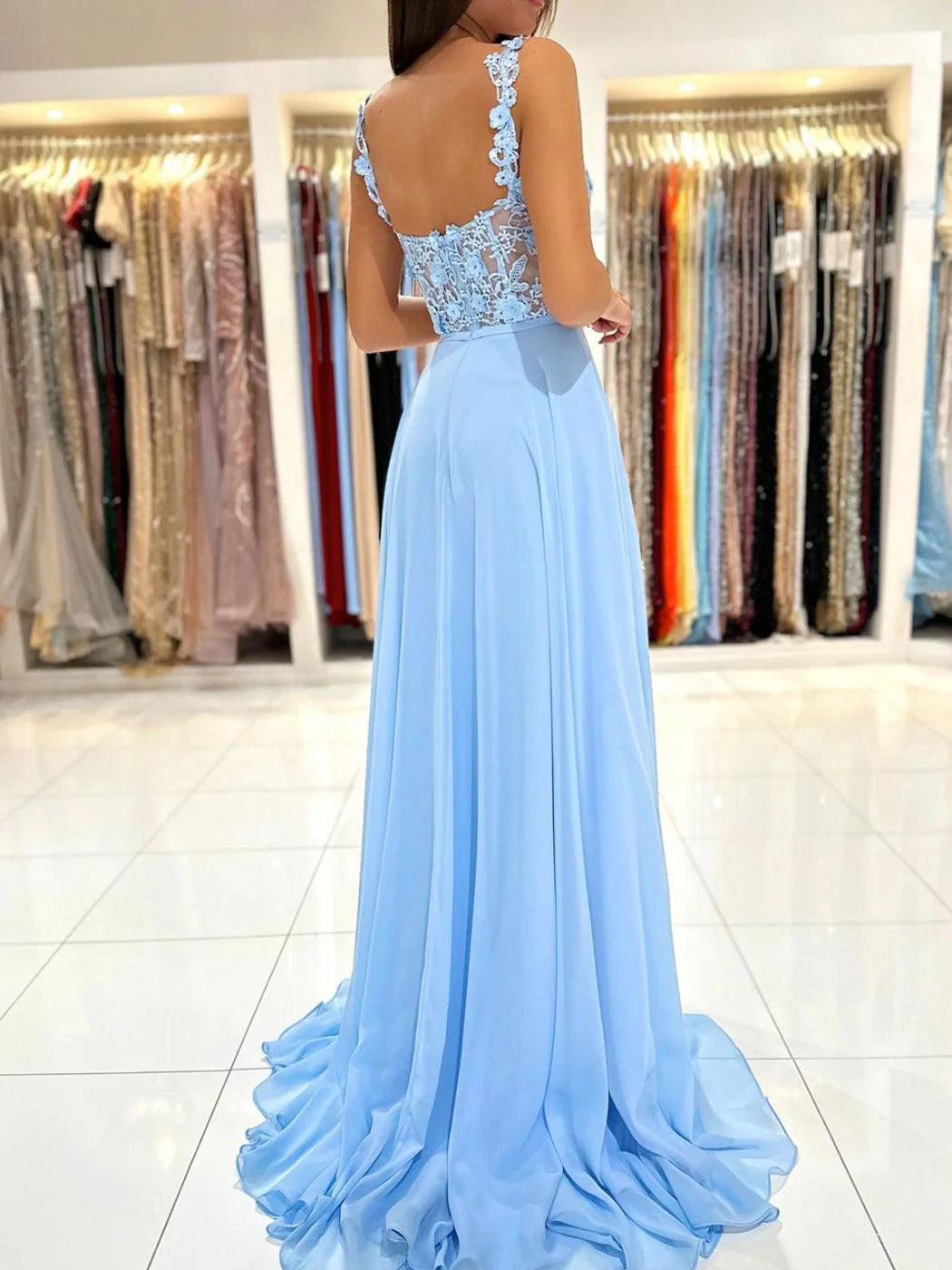 A-Line Chiffon Lace Long Prom Dress