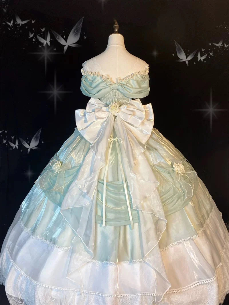 Fairy-Tale Off-Shoulder Bow-Detailed Mint Tulle Long Party Dresses