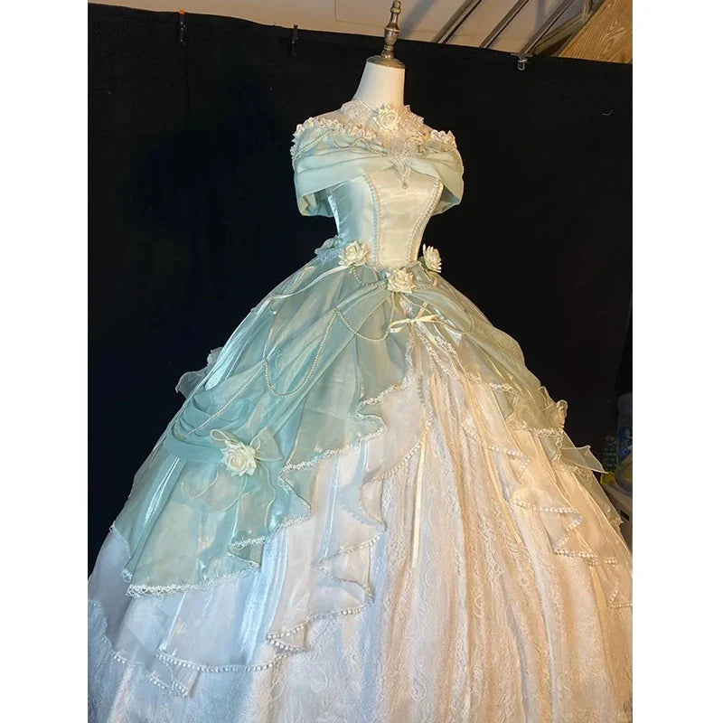 Fairy-Tale Off-Shoulder Bow-Detailed Mint Tulle Long Party Dresses