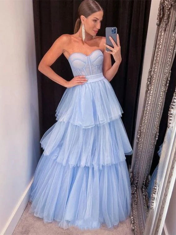 Fairy-Tale Strapless Sleeveless Tiered Blue Tulle Tiered Party Dresses