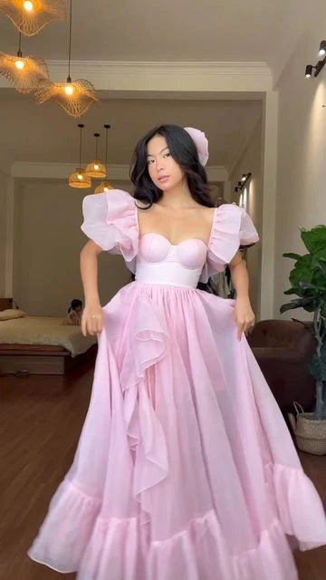 Fairy-Tale Sweetheart Short-Sleeve Ruffled Pink Tulle Party Dresses