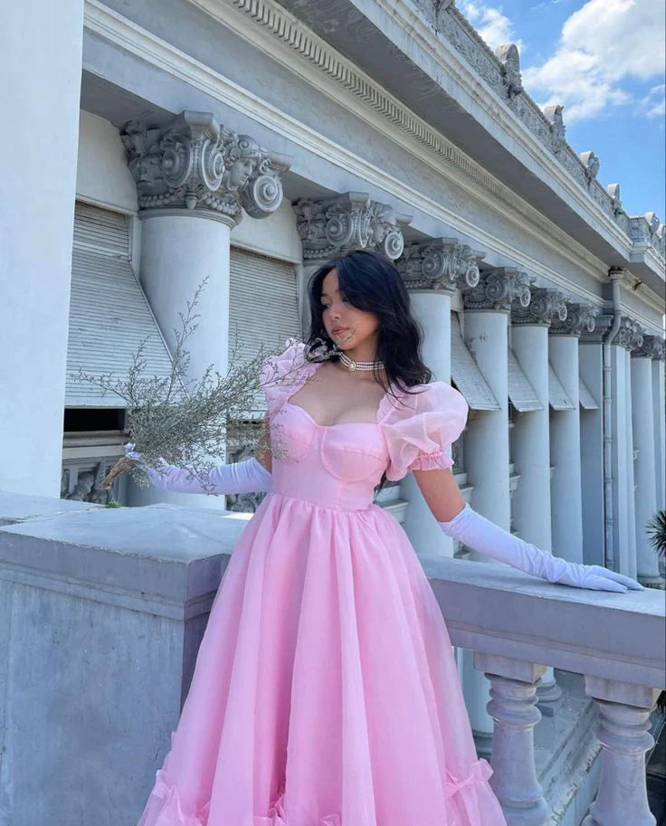 Fairy-Tale Sweetheart Short-Sleeve Ruffled Pink Tulle Party Dresses